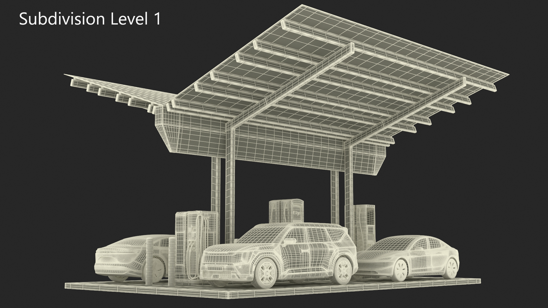 3D model Tesla KIA Xiaomi and Lucid Cars at Electric Charging Station