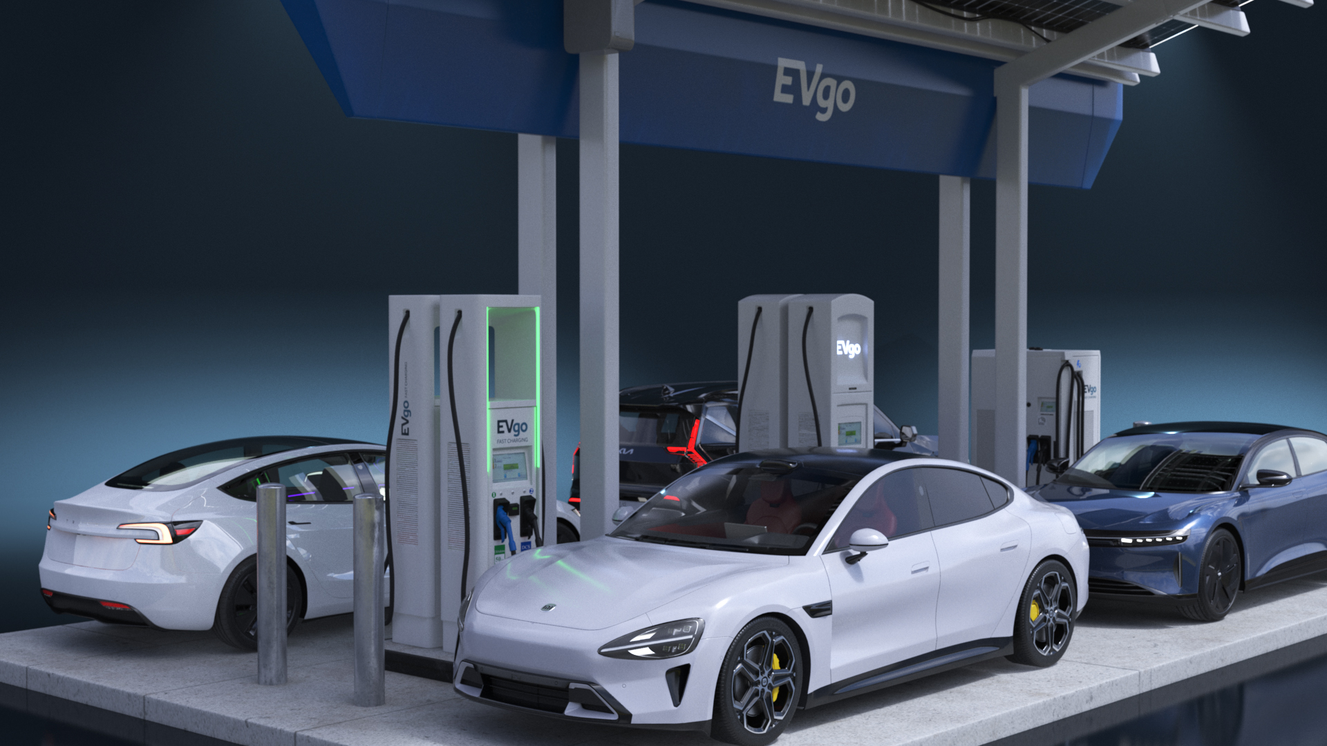 3D model Tesla KIA Xiaomi and Lucid Cars at Electric Charging Station