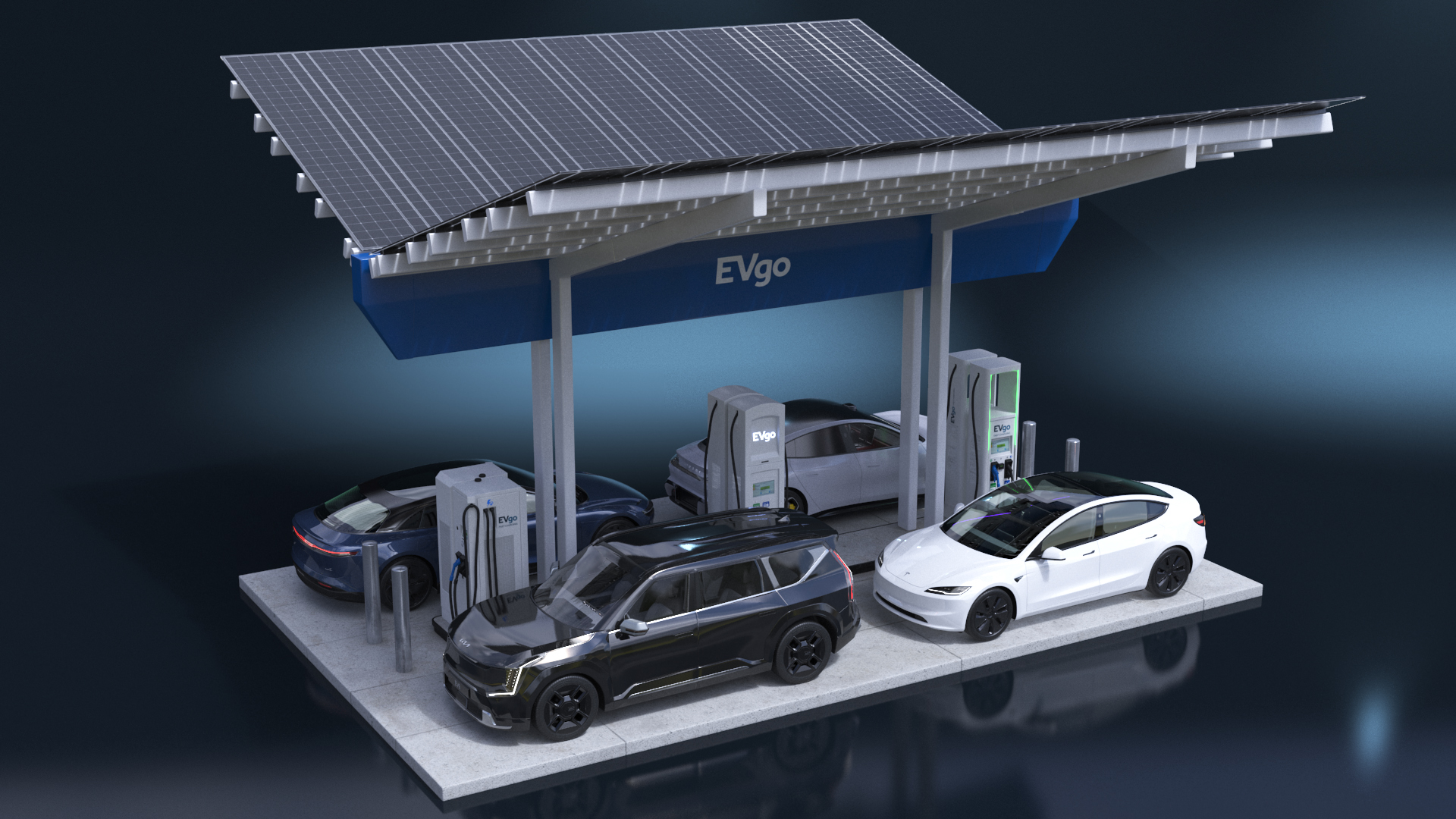 3D model Tesla KIA Xiaomi and Lucid Cars at Electric Charging Station