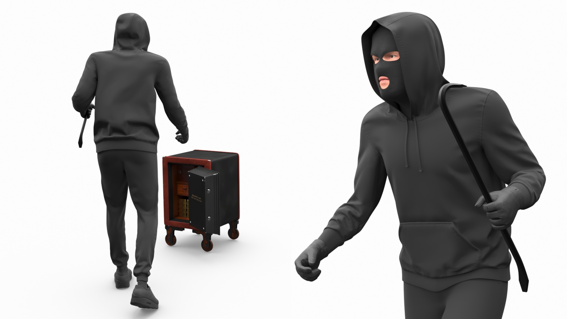 Burglar with Crowbar and Gold in Safe 3D