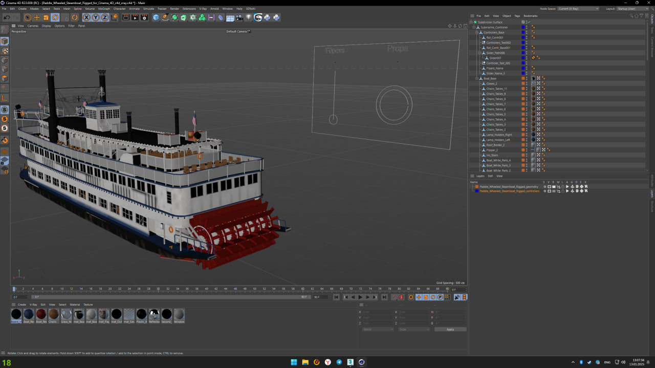 3D model Paddle Wheeled Steamboat Rigged for Cinema 4D