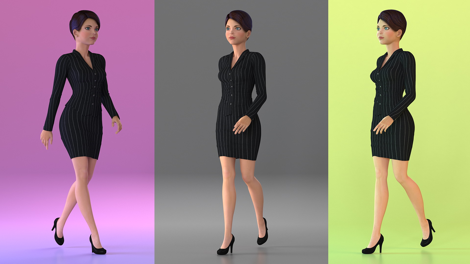 3D Cartoon Young Girl Office Clothes Walking Pose