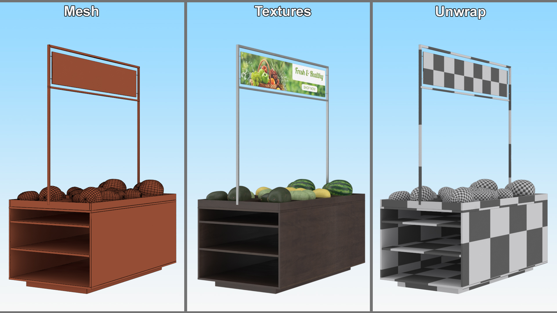 3D model Counter with Variety of Fruits