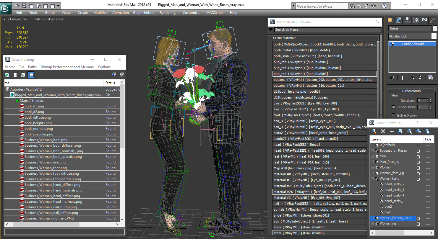 Rigged Man and Woman With White Roses 3D