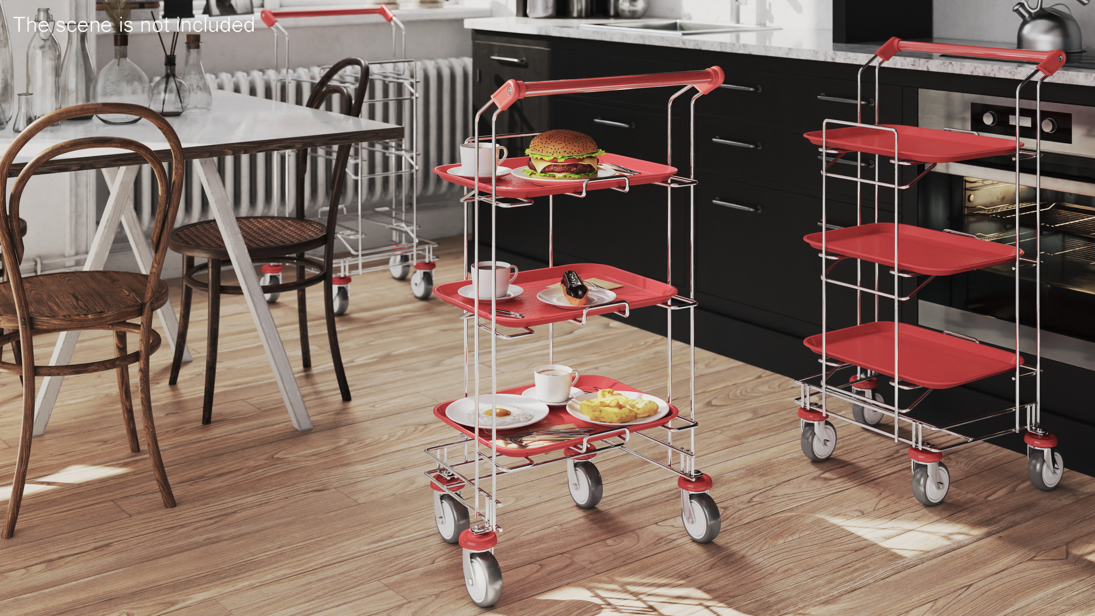 3D Tray Cart with Red Trays and Food model