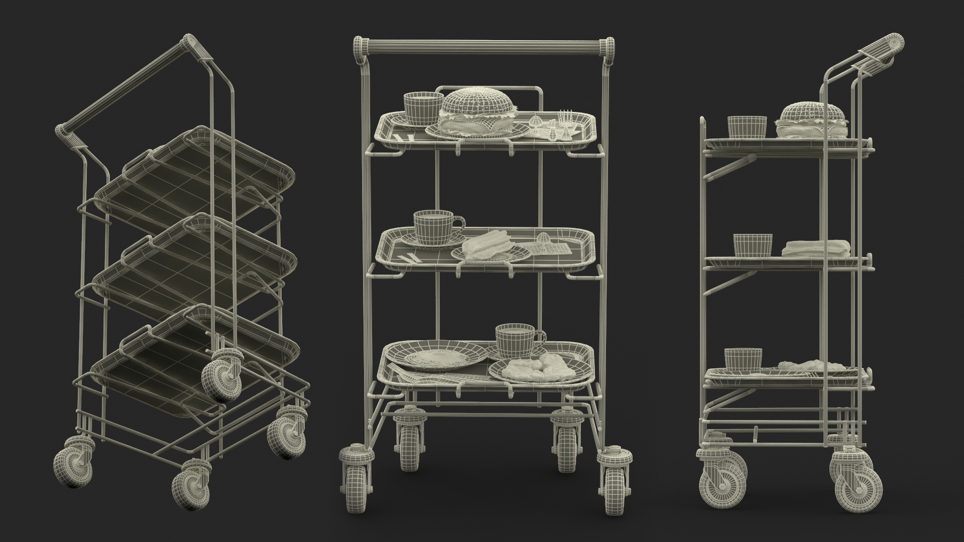 3D Tray Cart with Red Trays and Food model