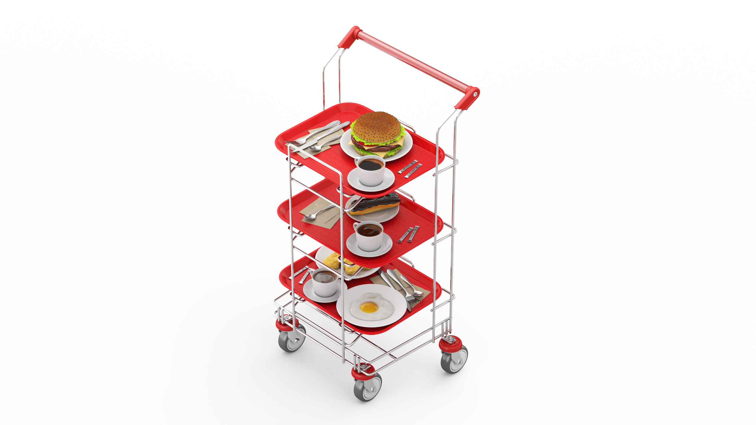 3D Tray Cart with Red Trays and Food model