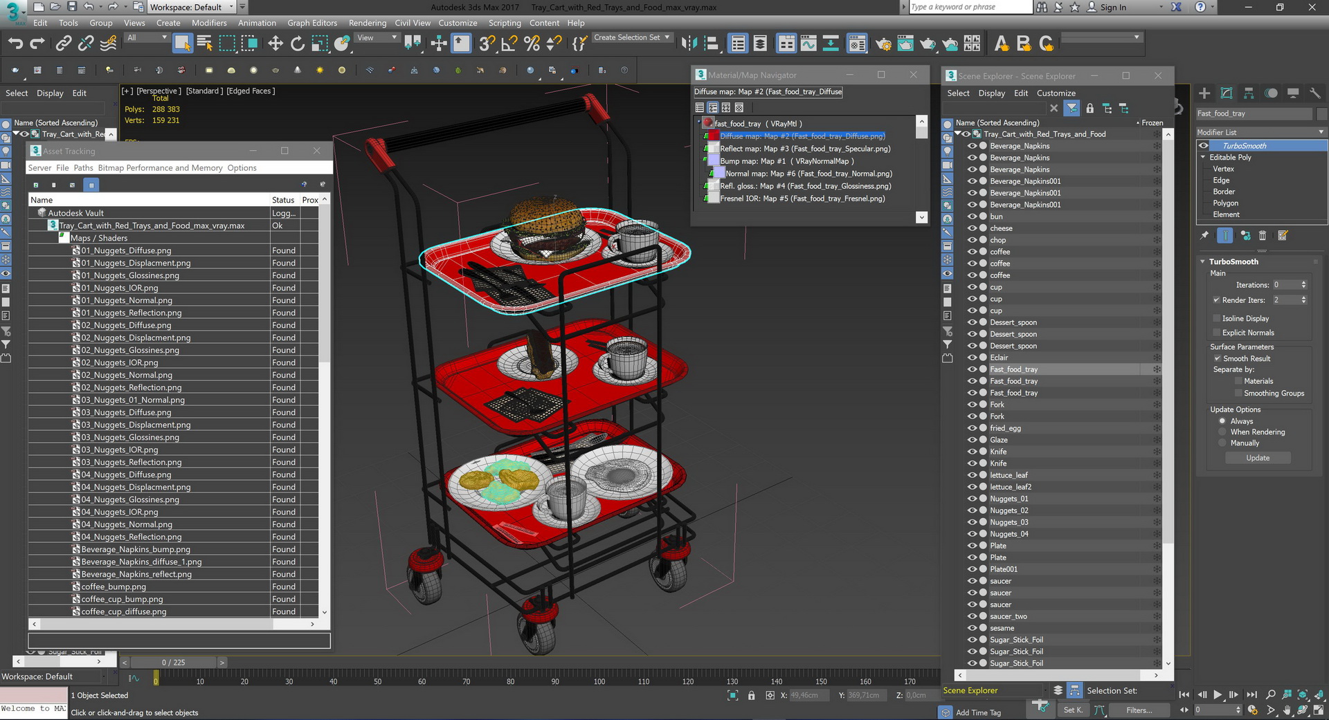 3D Tray Cart with Red Trays and Food model