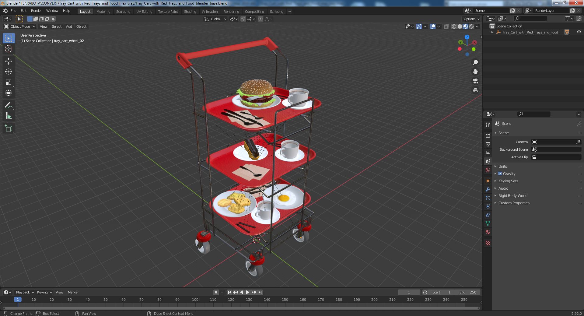 3D Tray Cart with Red Trays and Food model