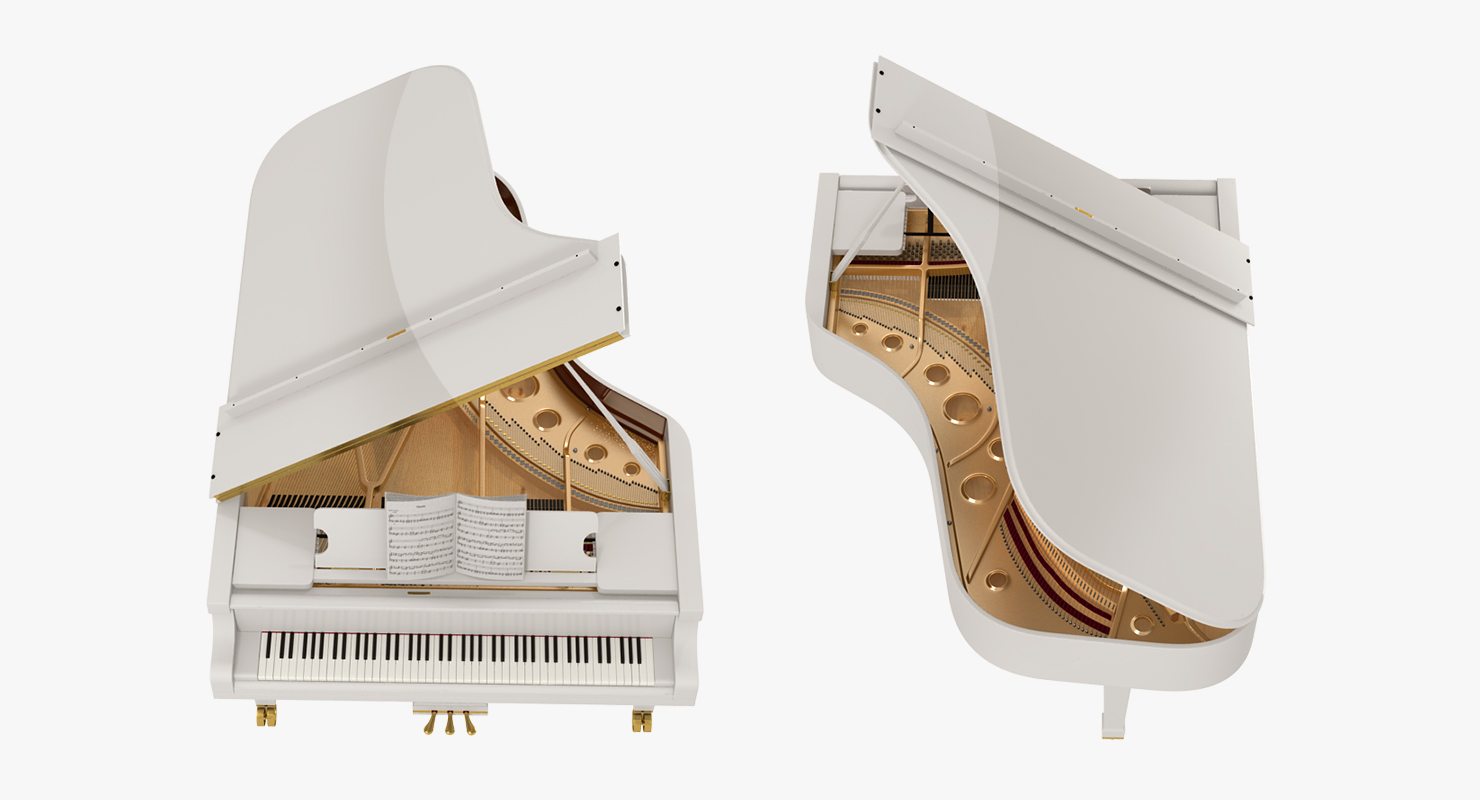 Grand Piano White with Music Notes Book 3D model