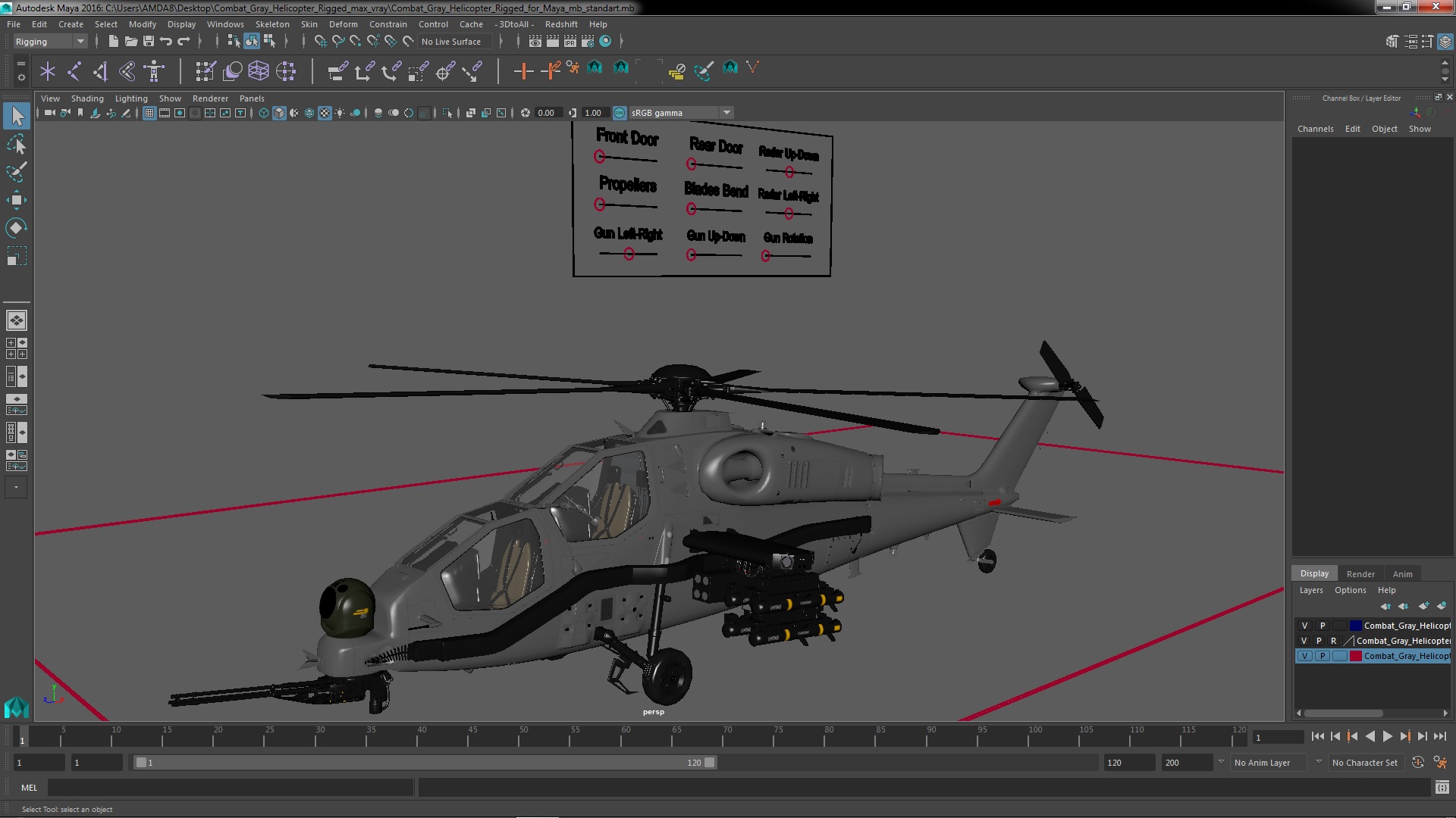 3D Combat Gray Helicopter Rigged for Maya model