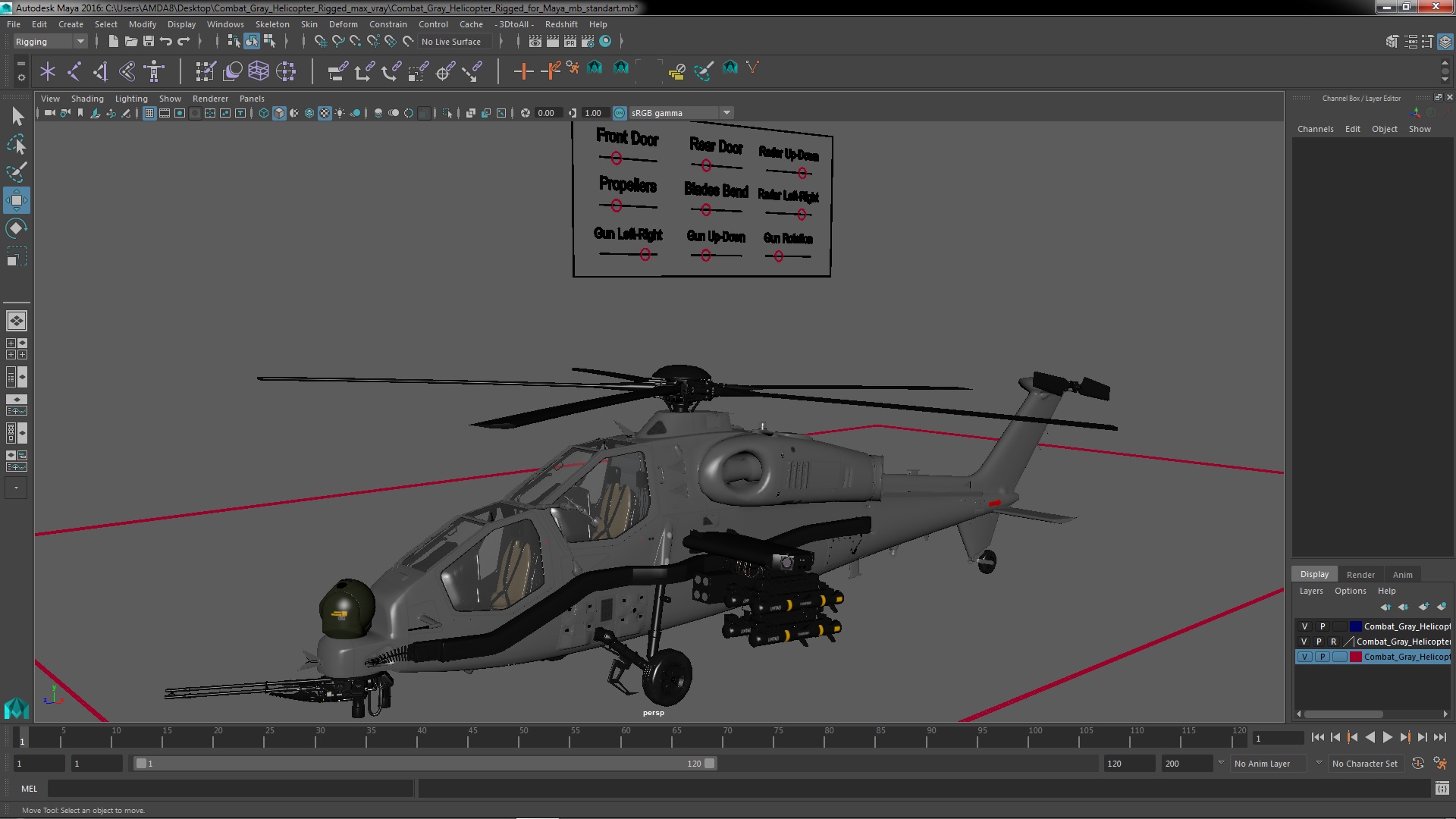 3D Combat Gray Helicopter Rigged for Maya model