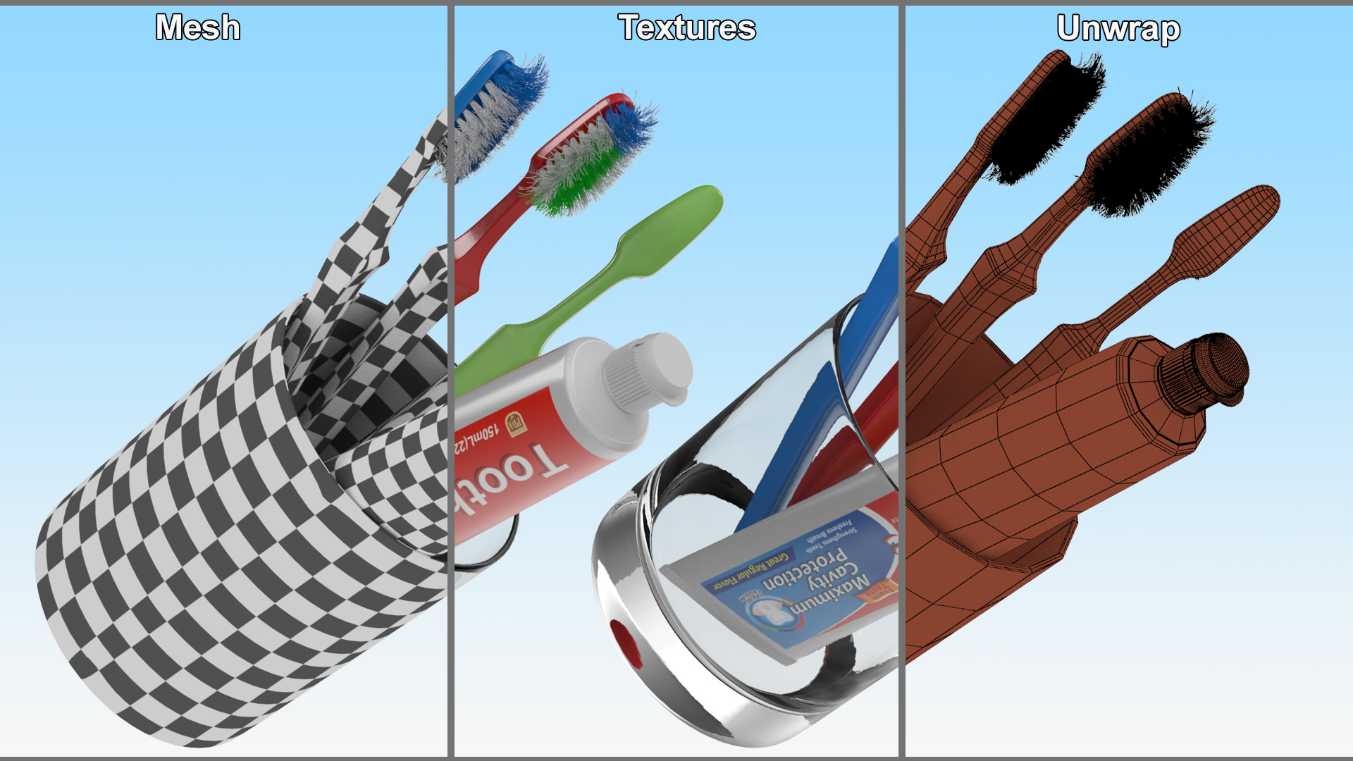 Toothbrushes in Glass with Toothpaste 3D