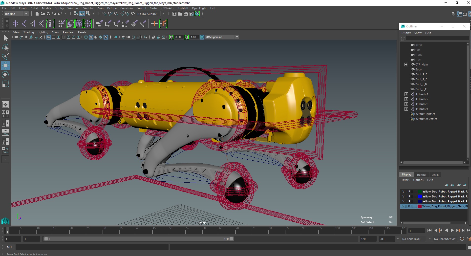 Yellow Dog Robot Rigged for Maya 3D