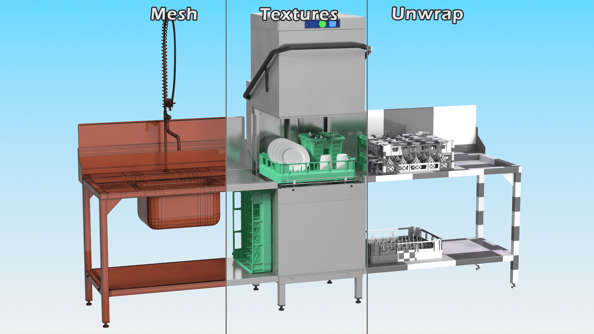 3D Commercial Dishwasher with Dishes model