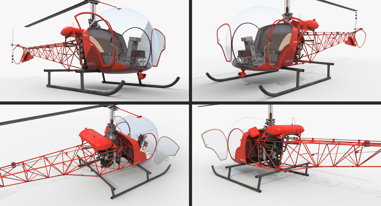 3D model Light Helicopter Bell 47 Red Rigged