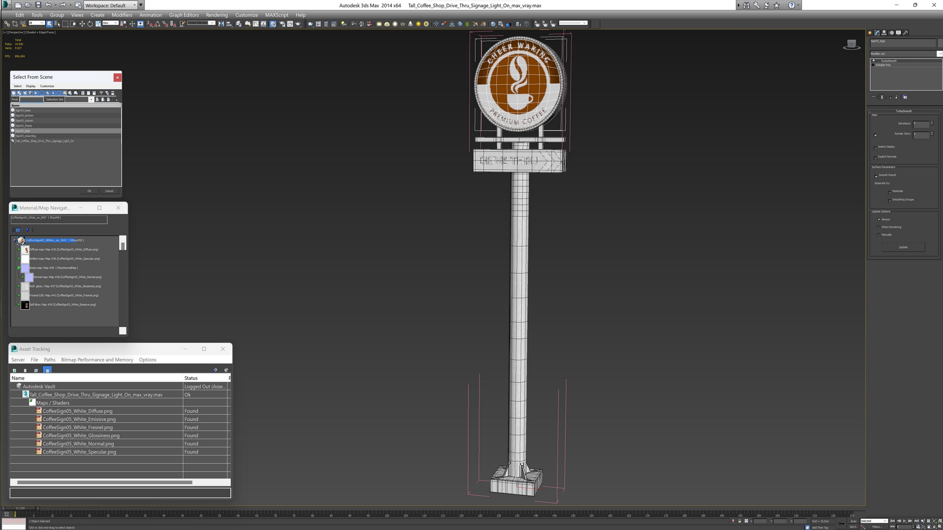 Tall Coffee Shop Drive Thru Signage Light On 3D model