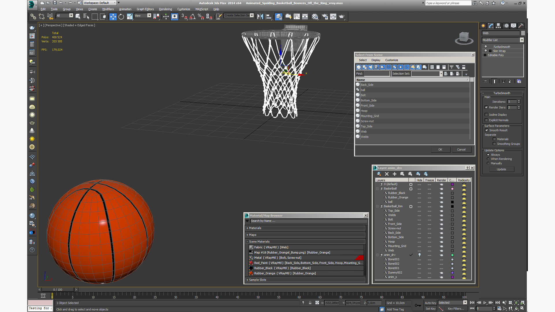 Animated Spalding Basketball Bounces Off the Ring 3D model