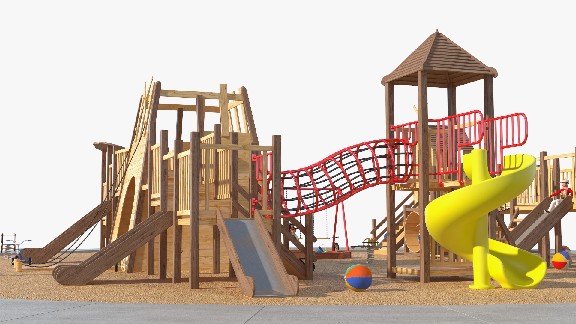 Wooden Playground with Children Playing 3D model