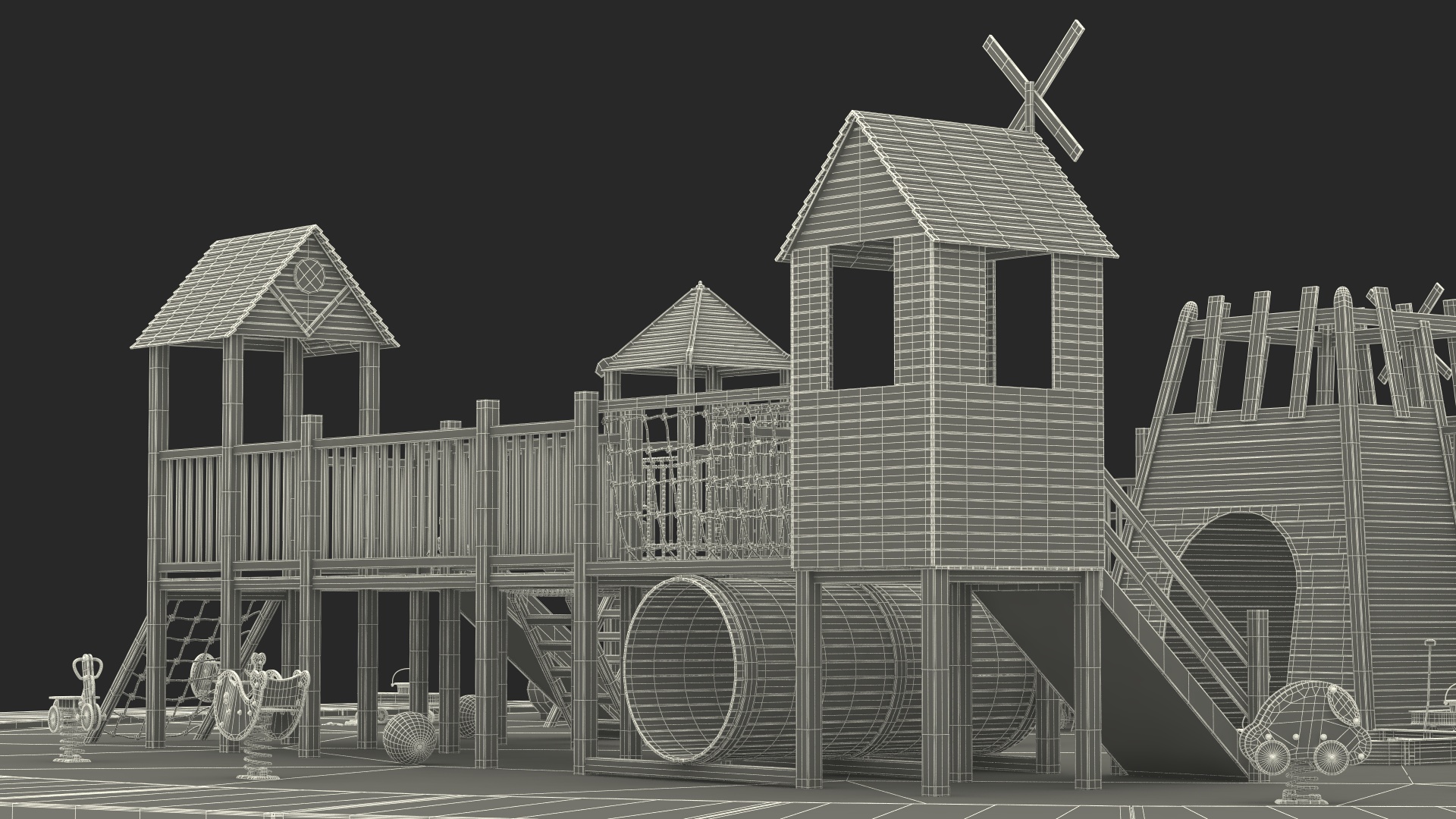 Wooden Playground with Children Playing 3D model