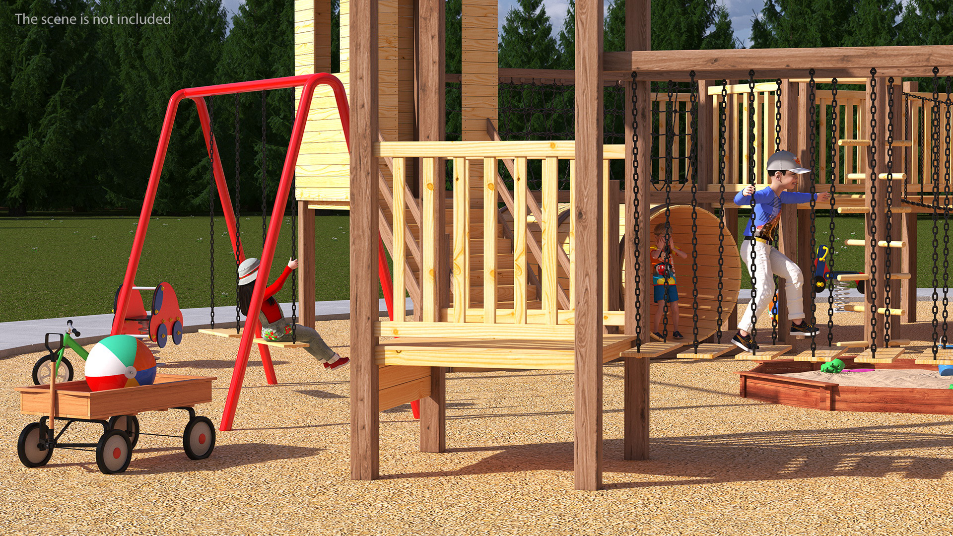 Wooden Playground with Children Playing 3D model