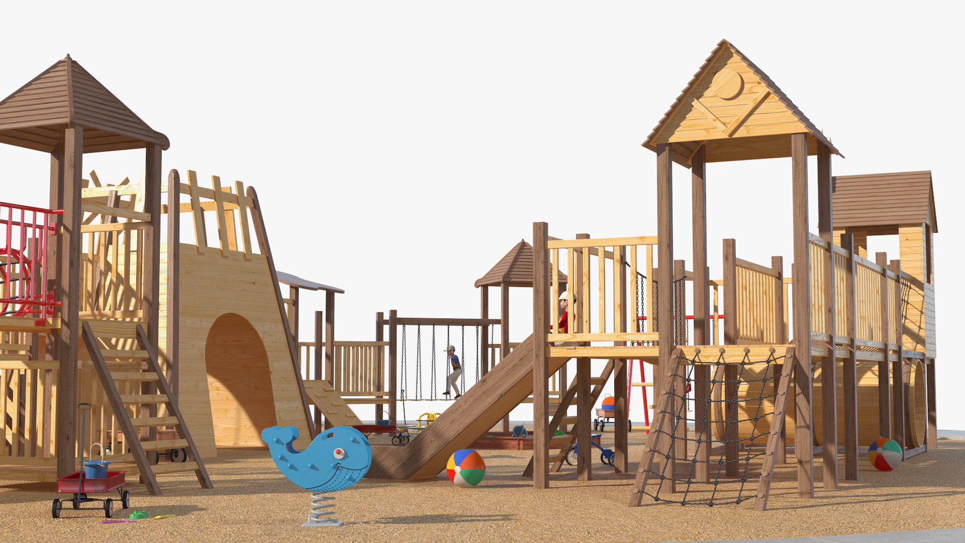 Wooden Playground with Children Playing 3D model