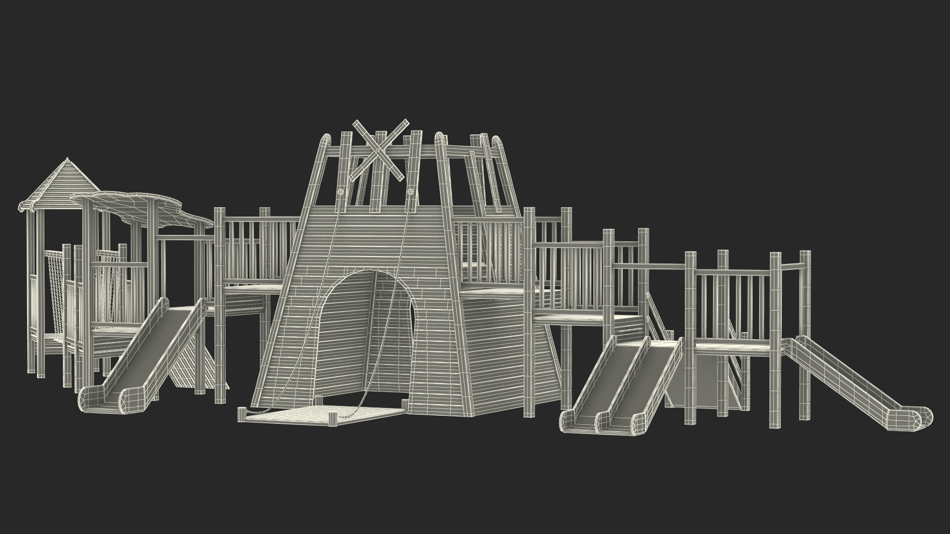 Wooden Playground with Children Playing 3D model