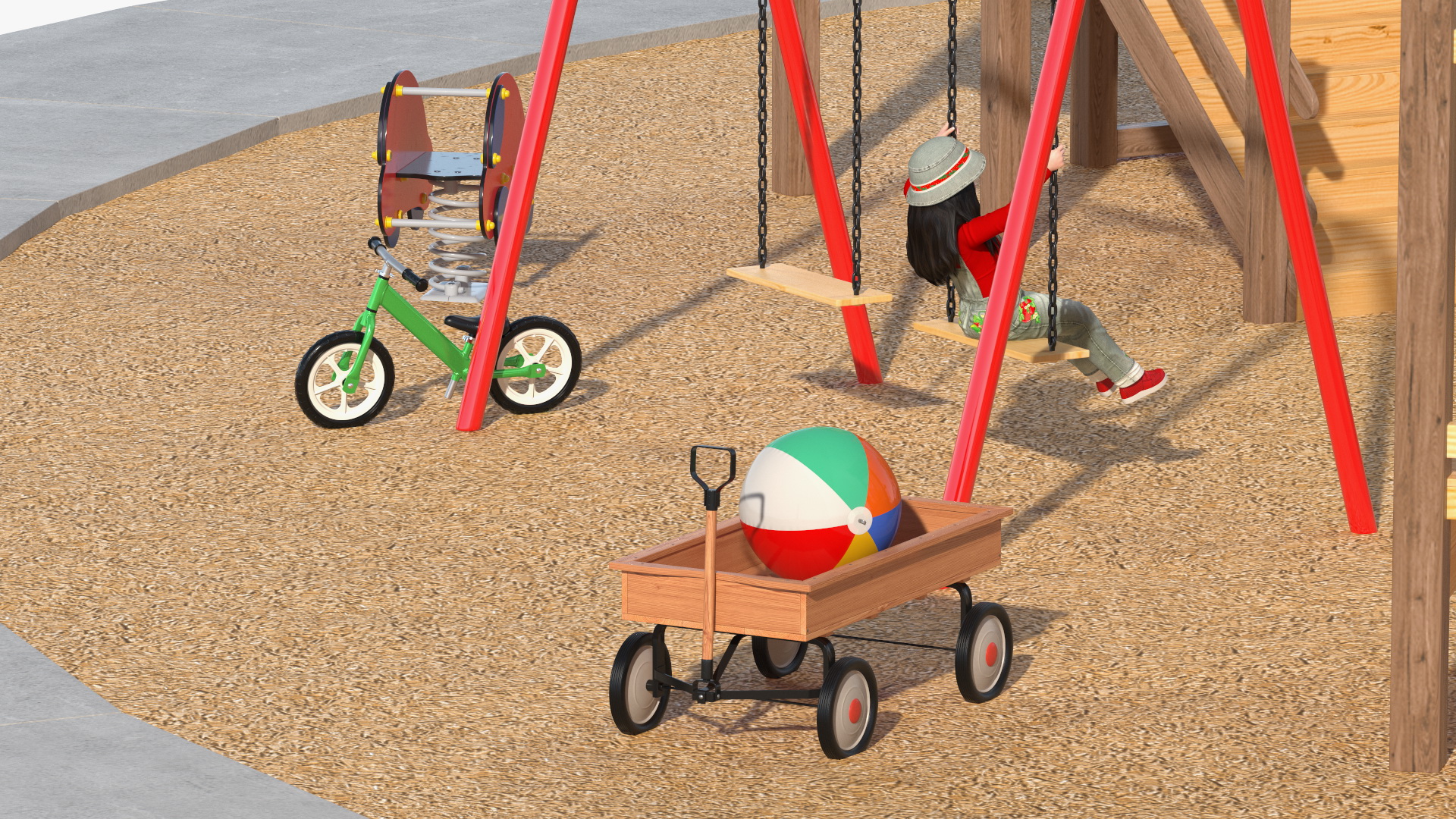 Wooden Playground with Children Playing 3D model