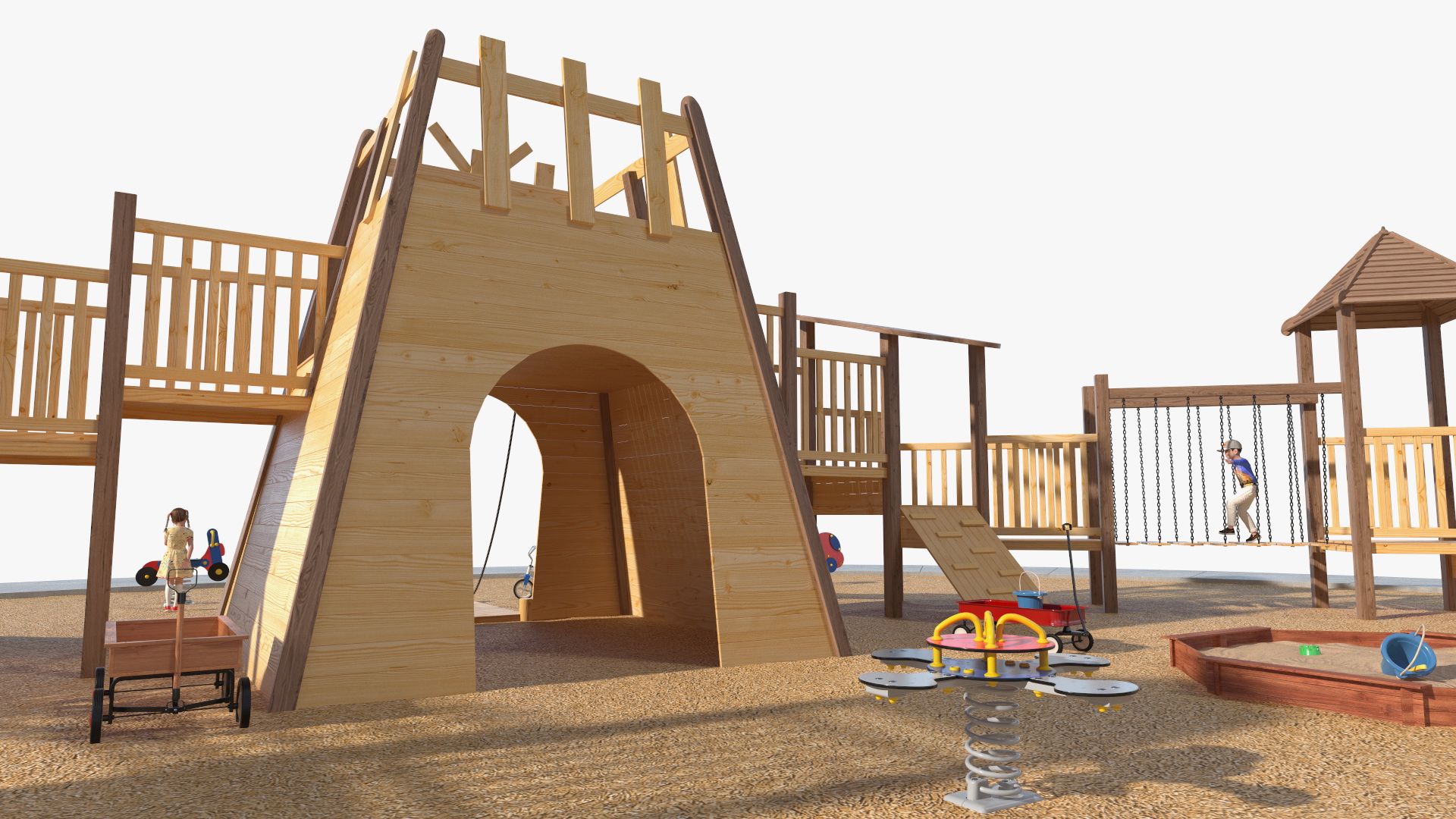 Wooden Playground with Children Playing 3D model