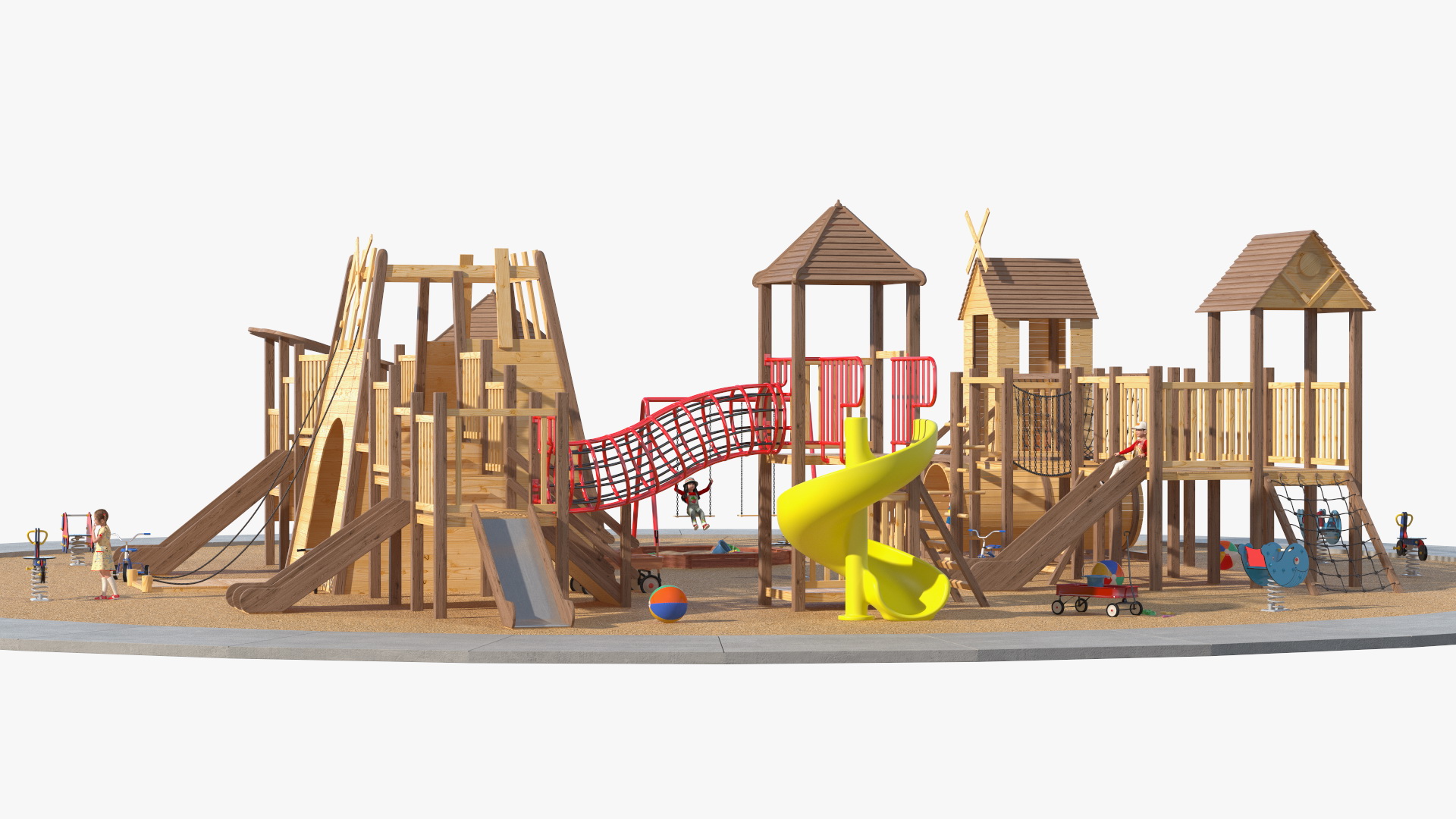 Wooden Playground with Children Playing 3D model