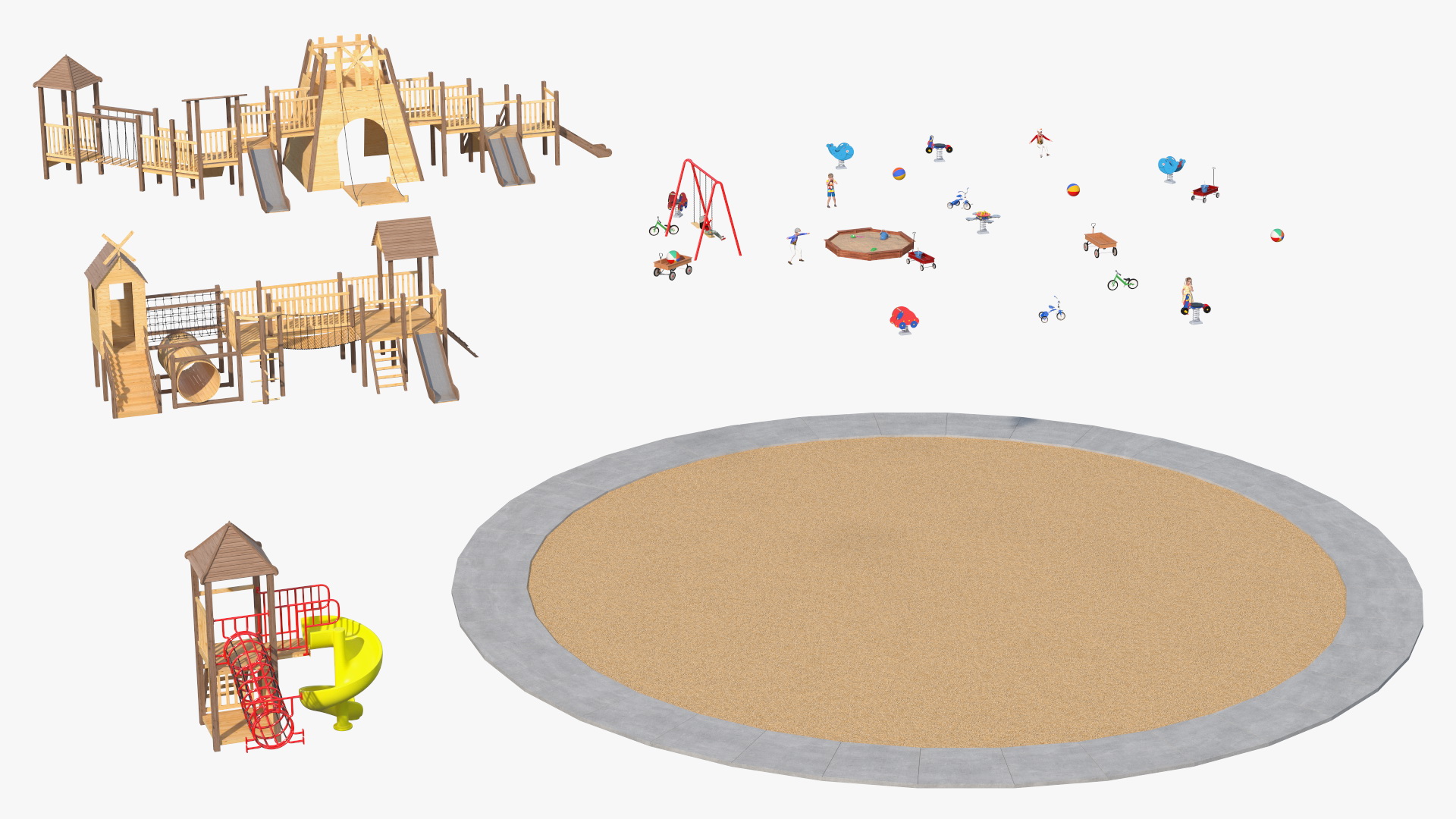 Wooden Playground with Children Playing 3D model