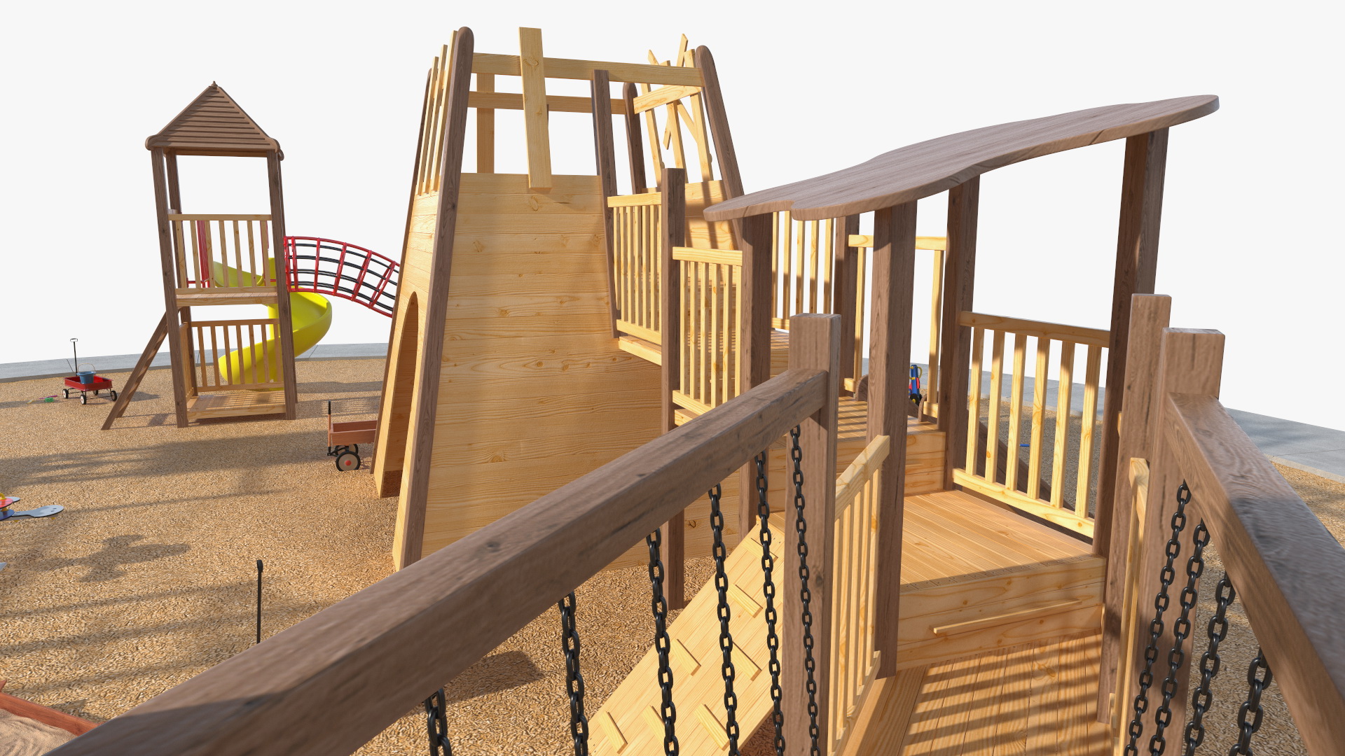 Wooden Playground with Children Playing 3D model