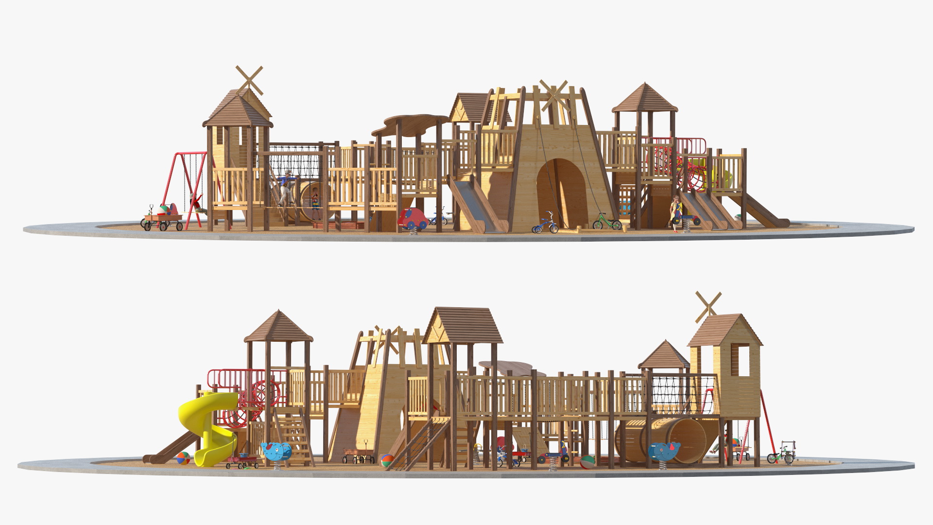 Wooden Playground with Children Playing 3D model