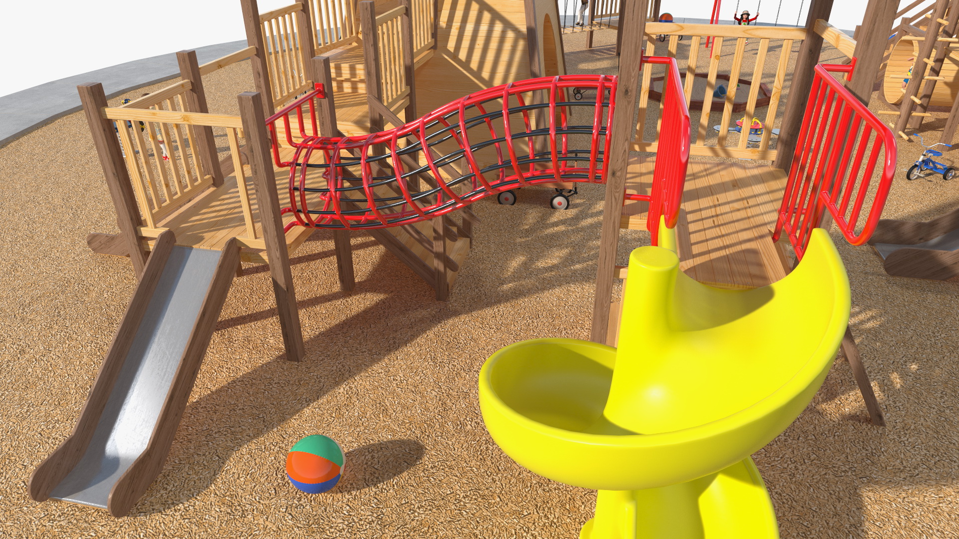 Wooden Playground with Children Playing 3D model