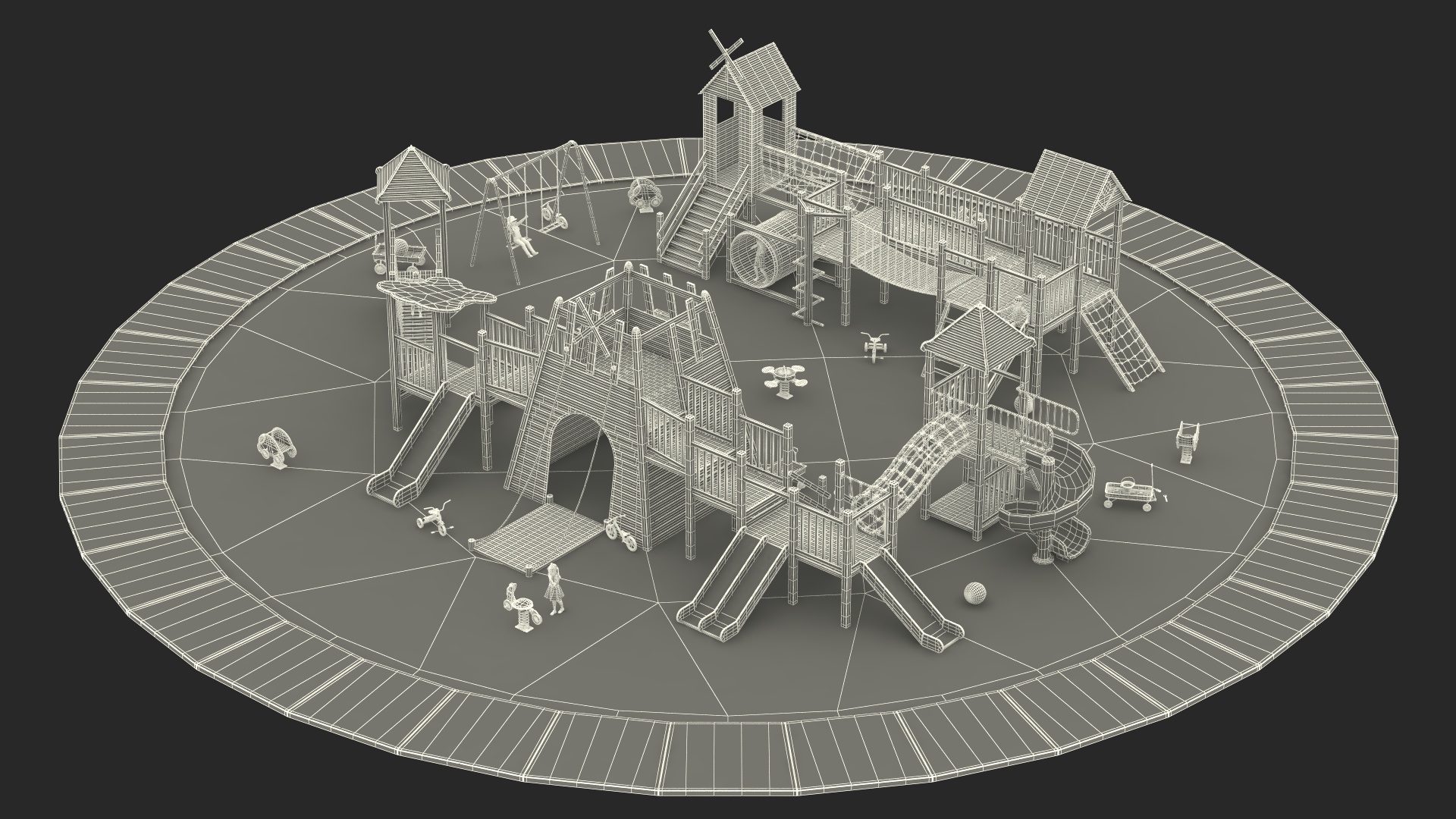 Wooden Playground with Children Playing 3D model