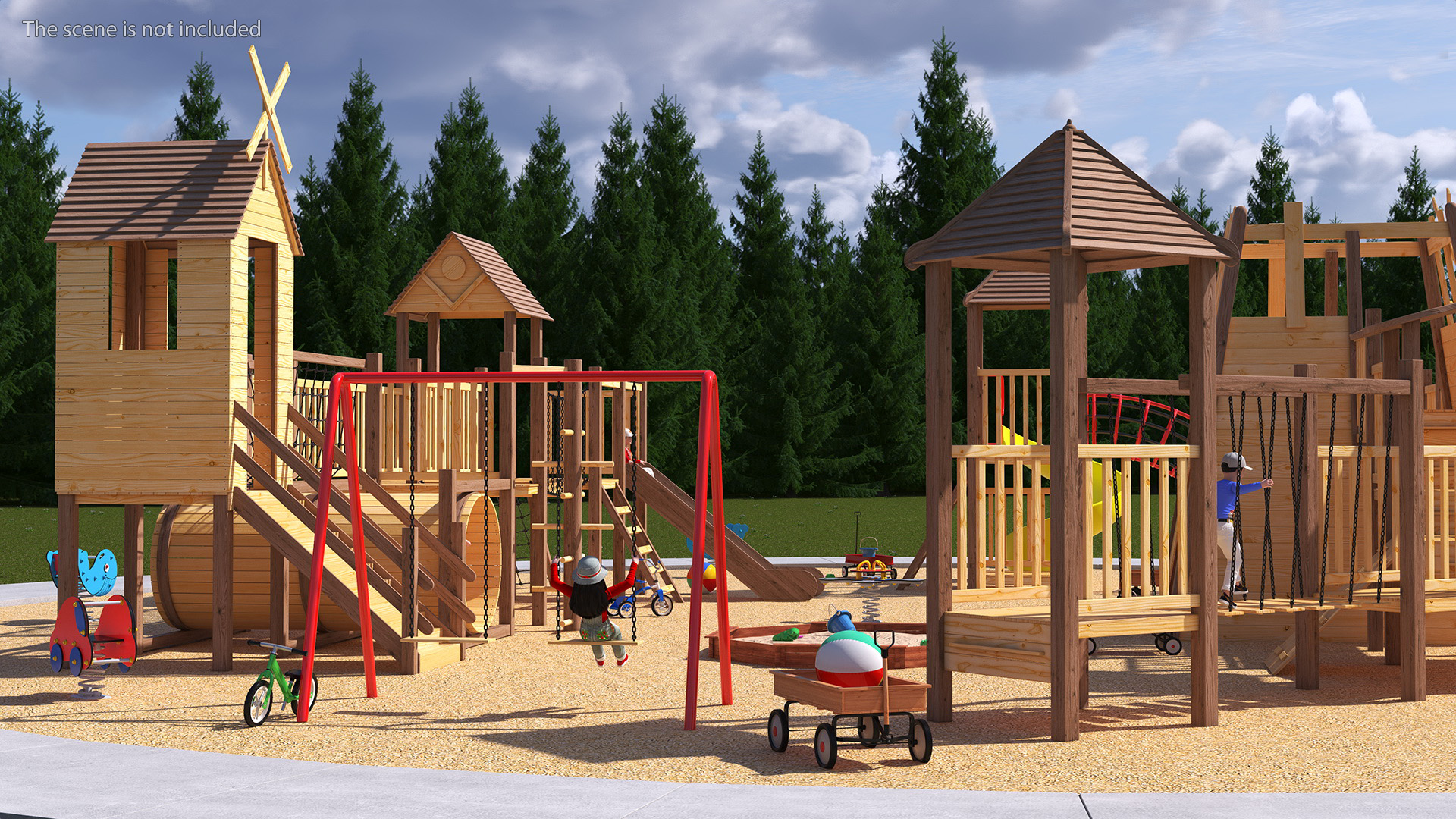 Wooden Playground with Children Playing 3D model