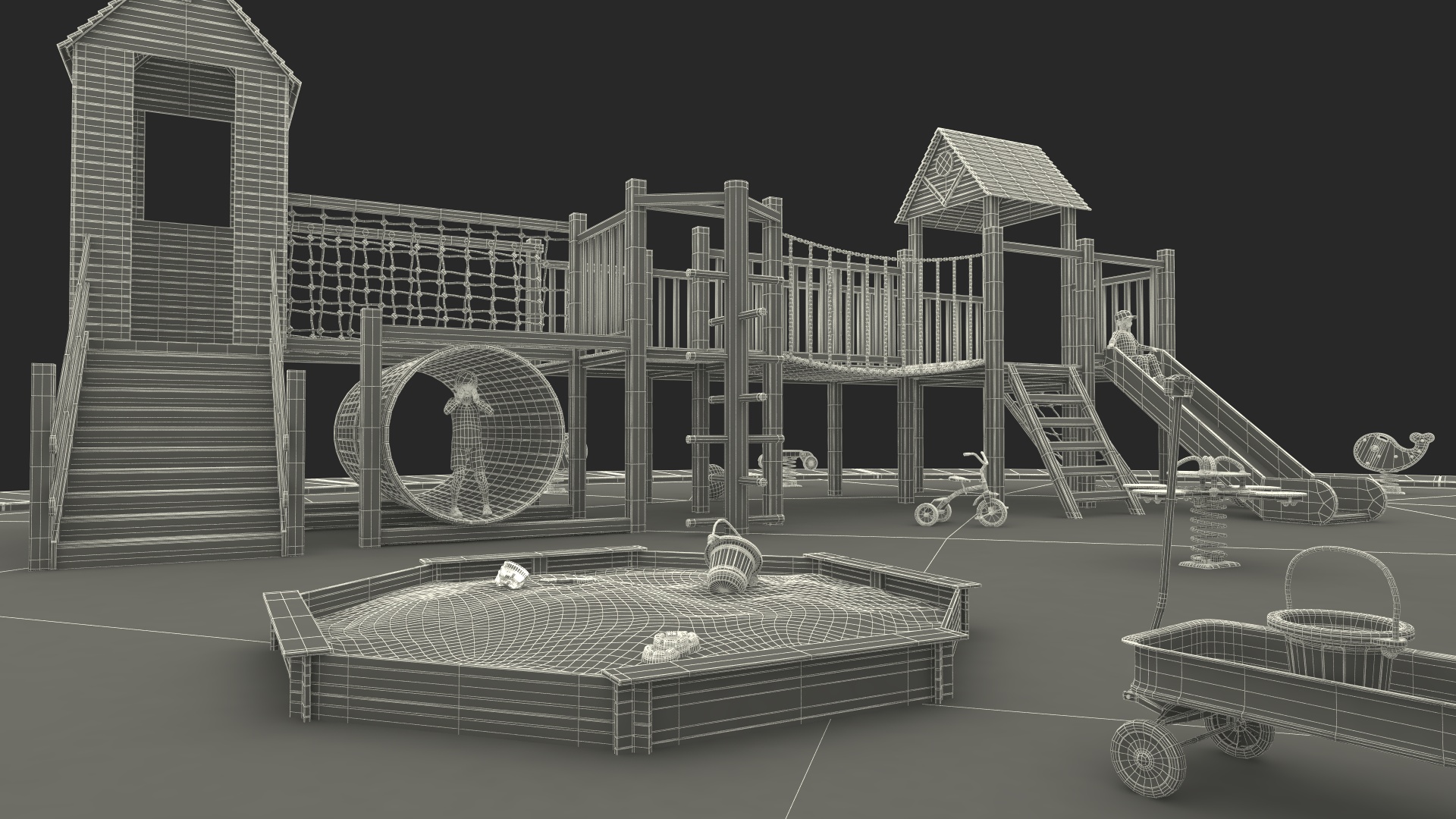 Wooden Playground with Children Playing 3D model