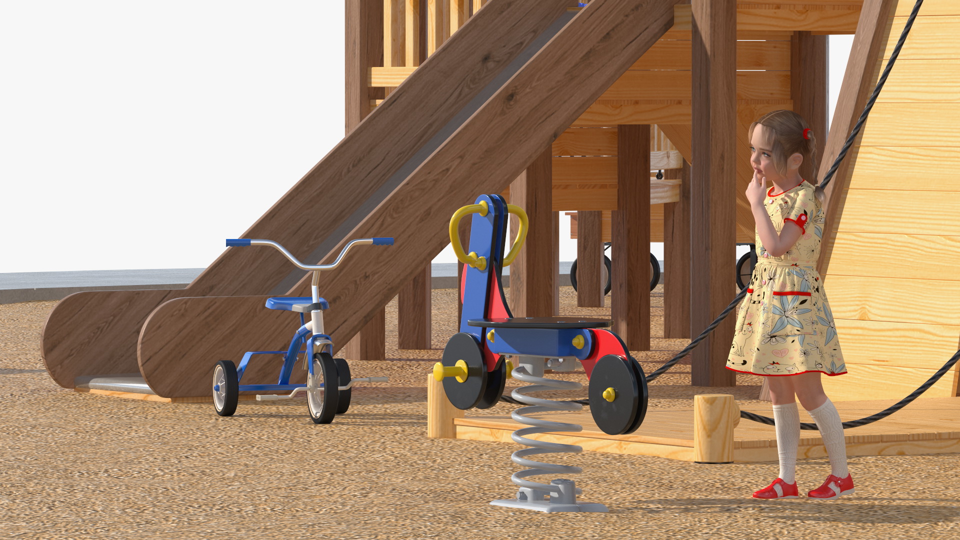 Wooden Playground with Children Playing 3D model