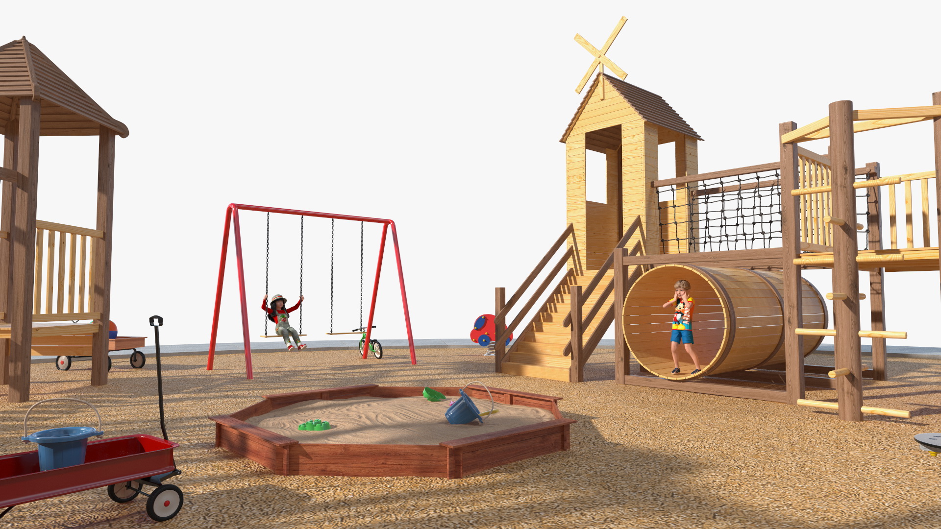 Wooden Playground with Children Playing 3D model