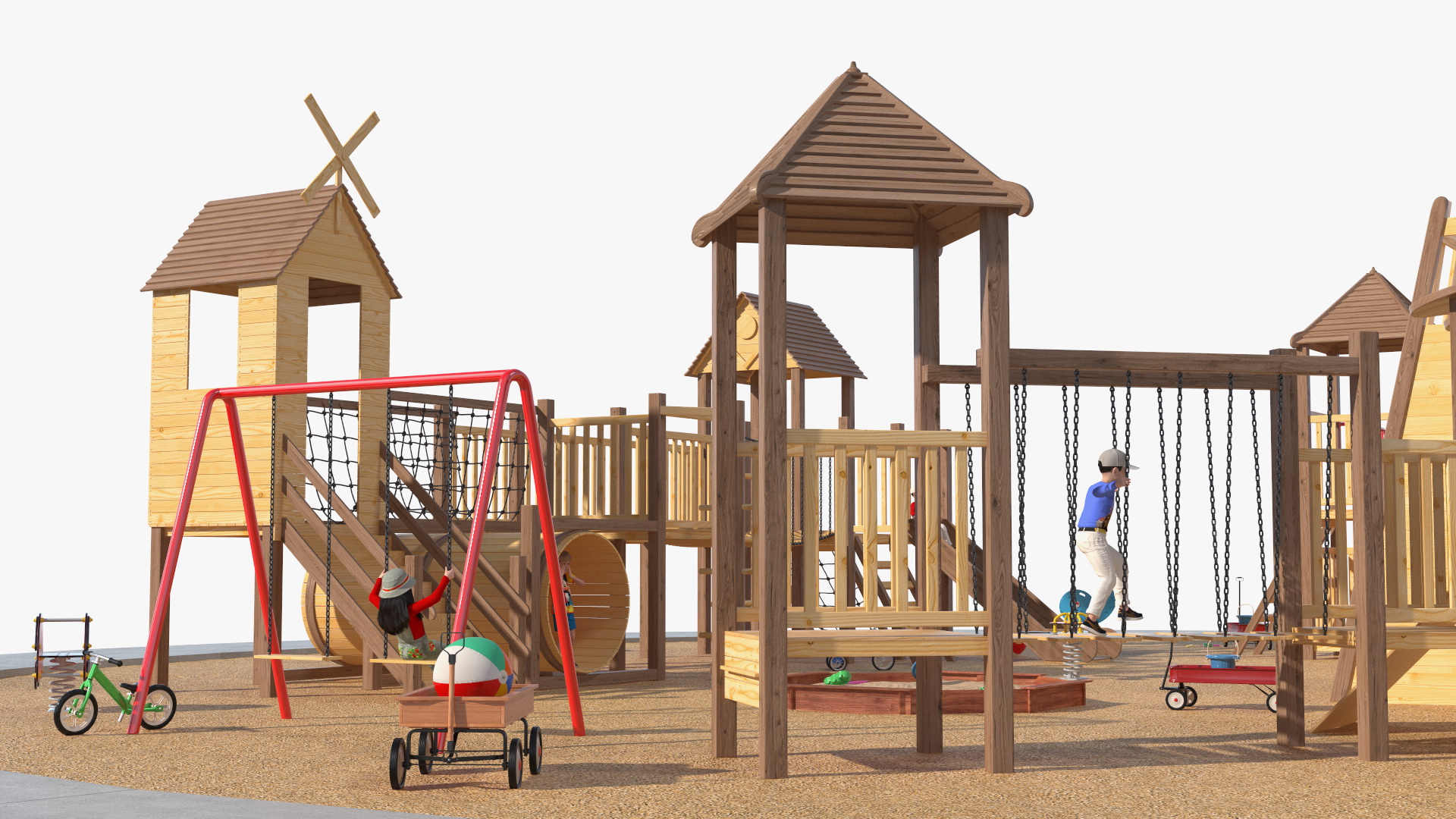 Wooden Playground with Children Playing 3D model