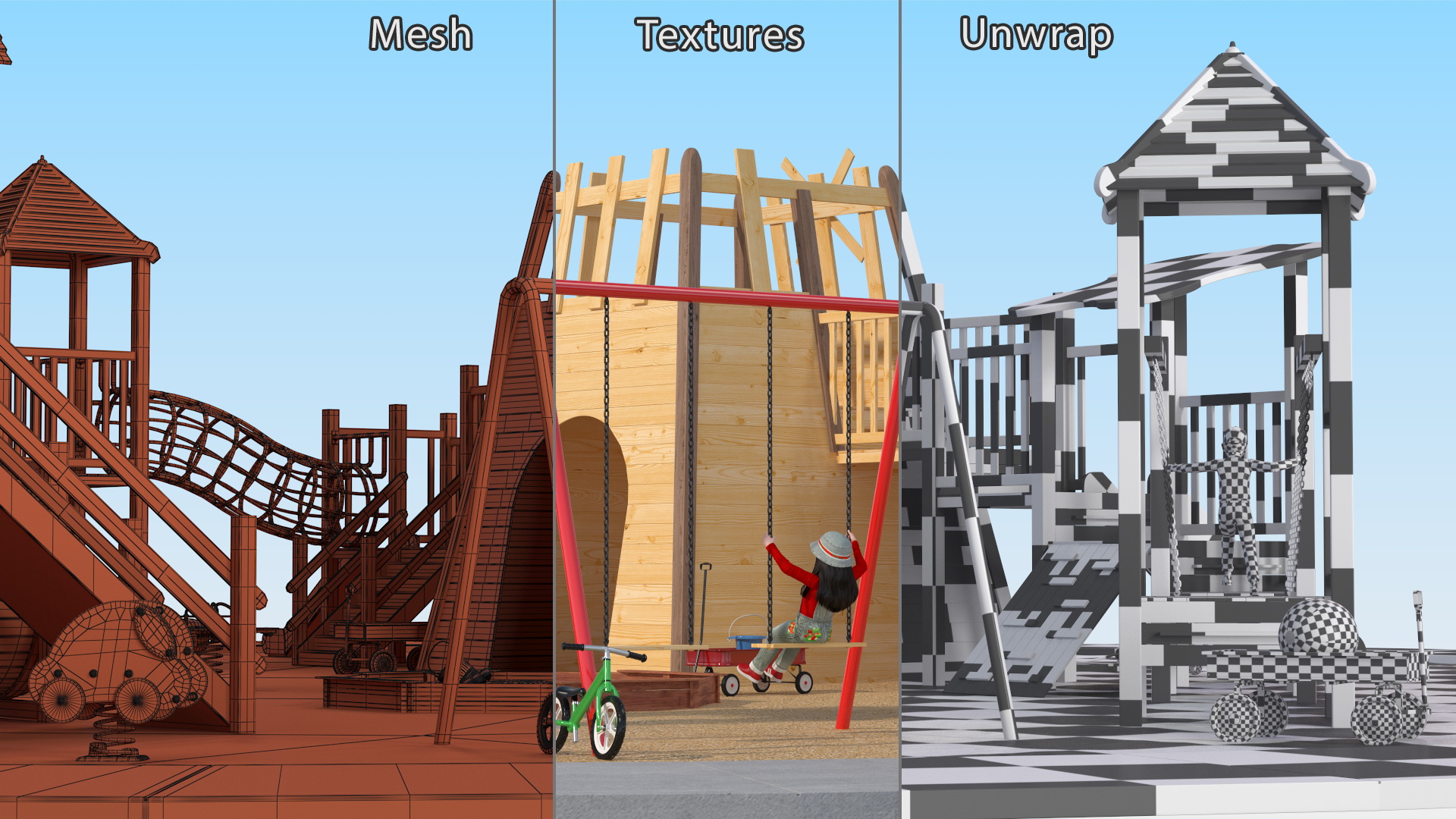 Wooden Playground with Children Playing 3D model