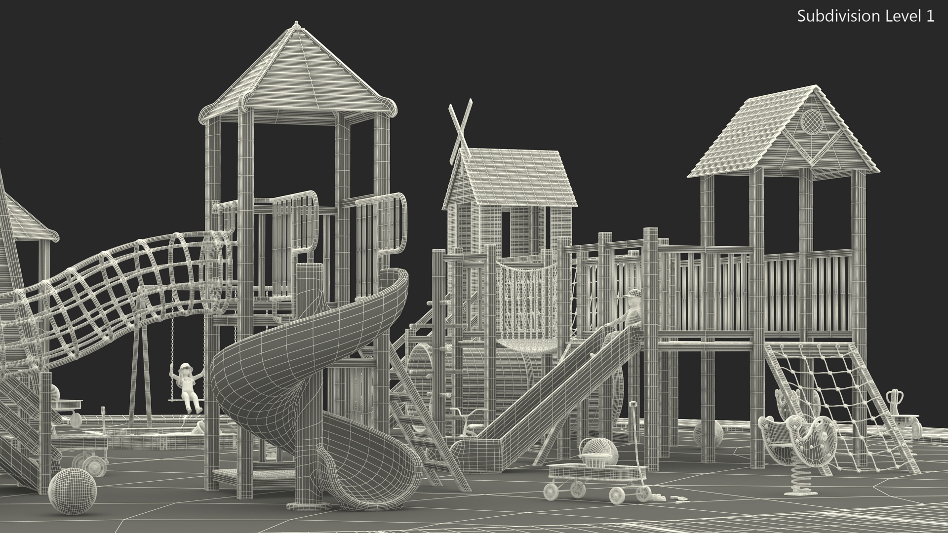 Wooden Playground with Children Playing 3D model