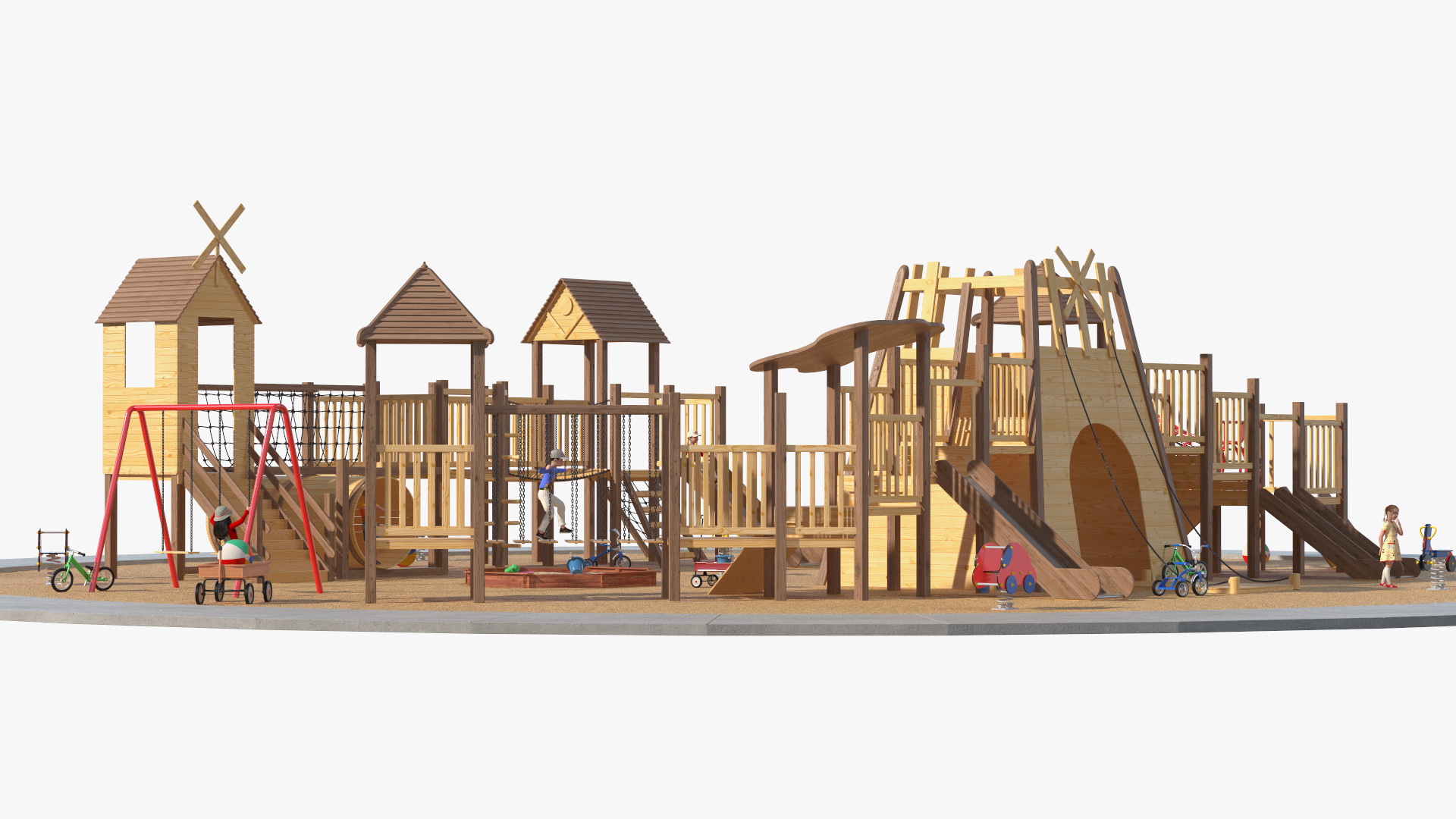 Wooden Playground with Children Playing 3D model