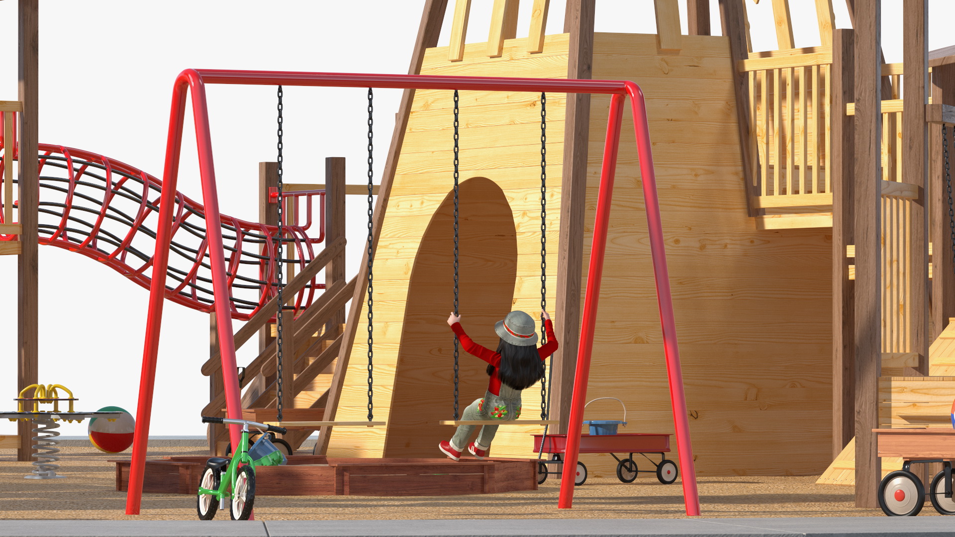 Wooden Playground with Children Playing 3D model