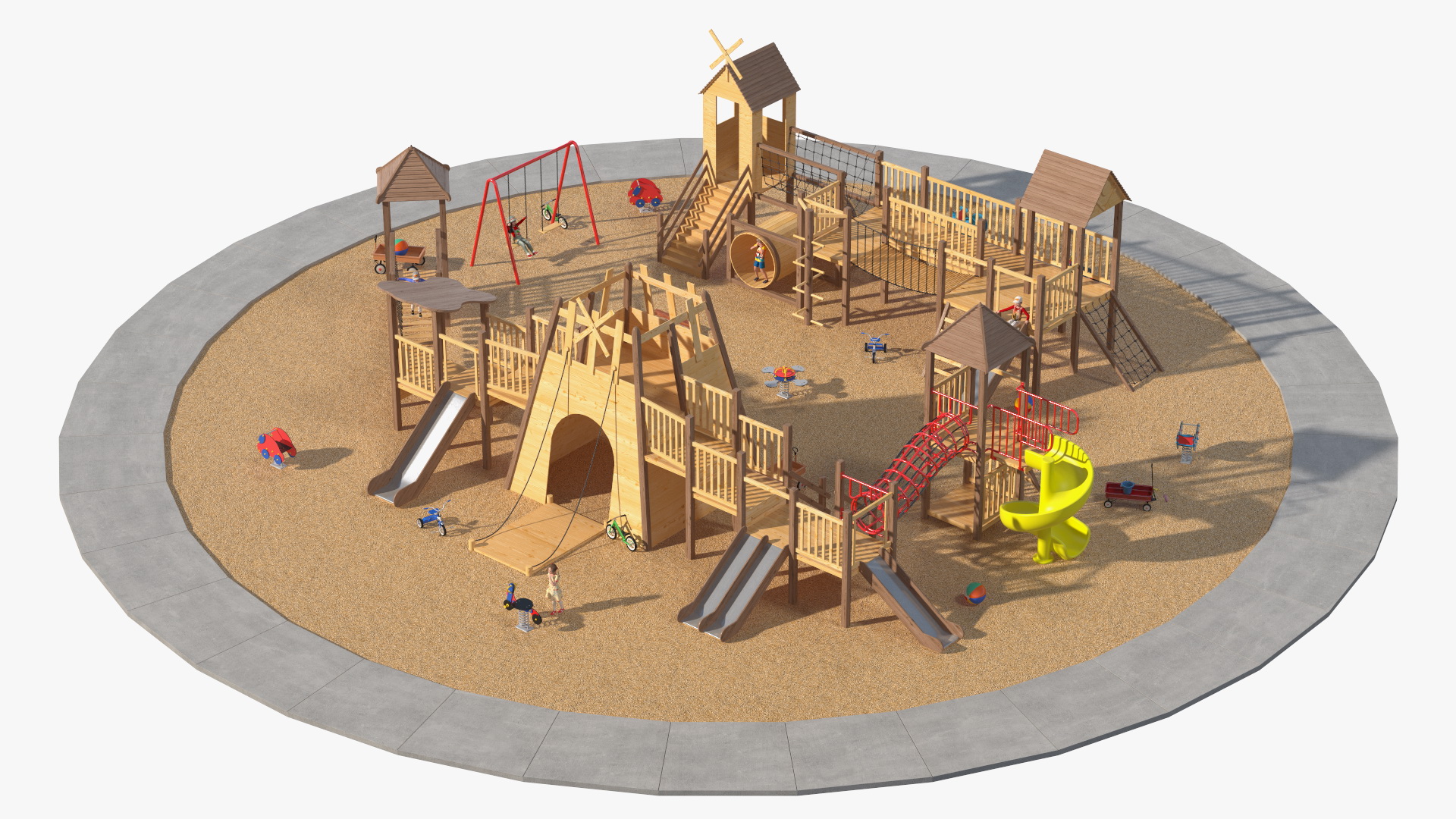 Wooden Playground with Children Playing 3D model