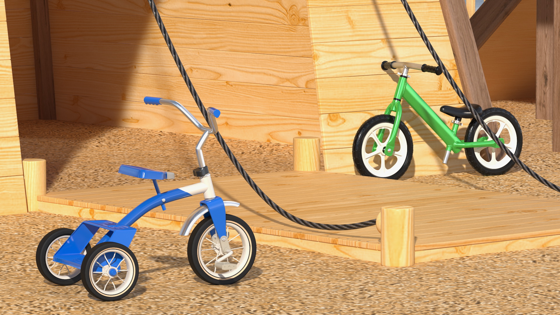 Wooden Playground with Children Playing 3D model