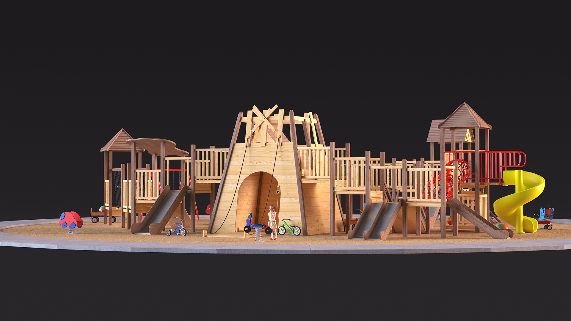 Wooden Playground with Children Playing 3D model