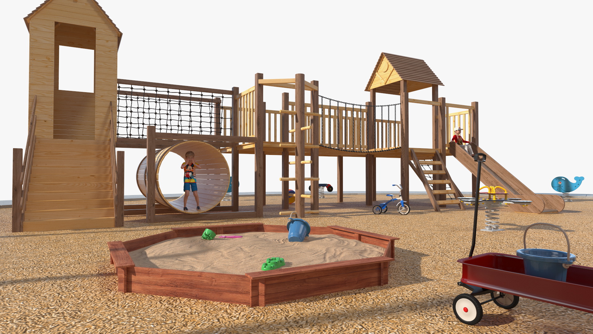 Wooden Playground with Children Playing 3D model