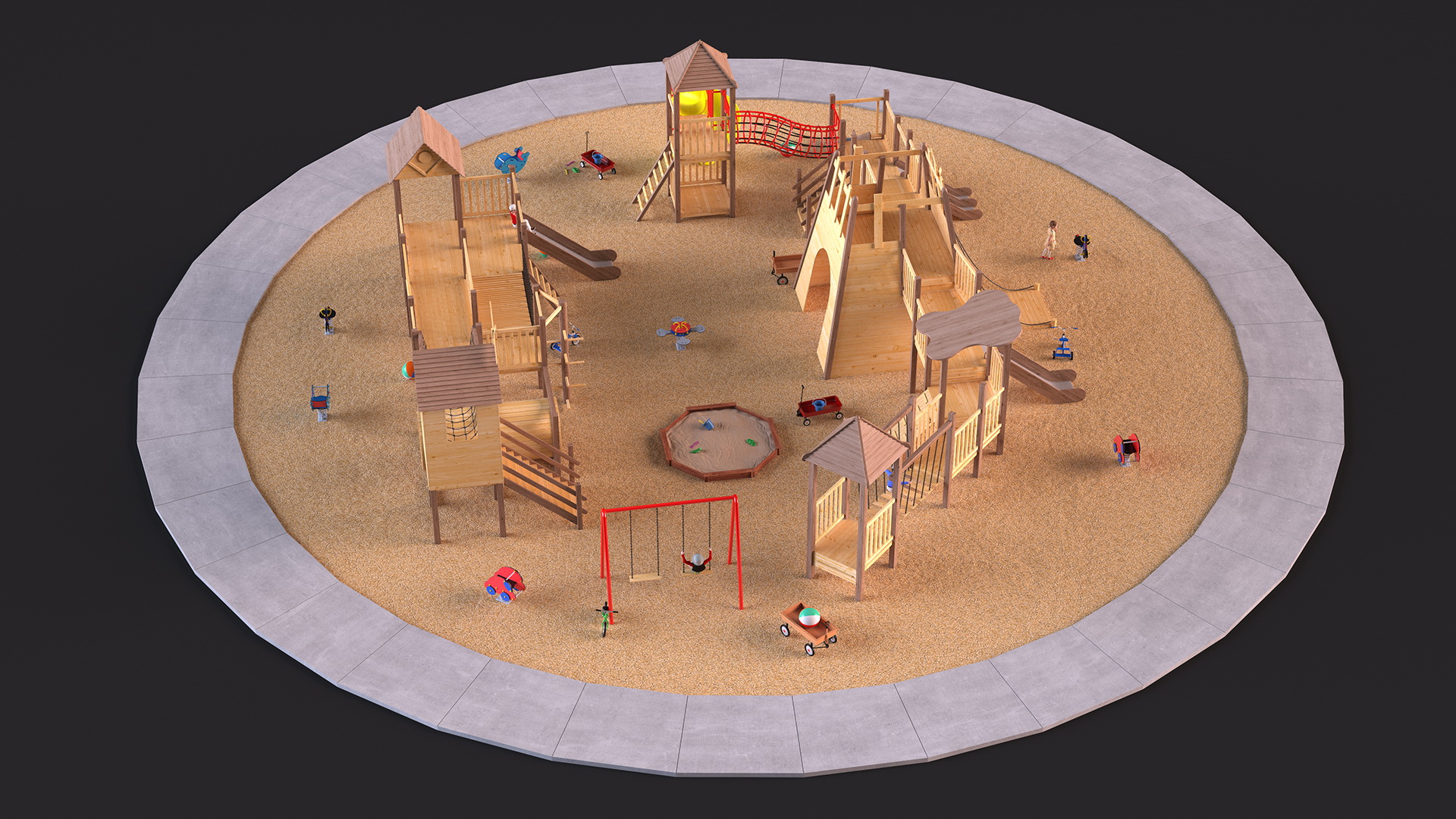 Wooden Playground with Children Playing 3D model