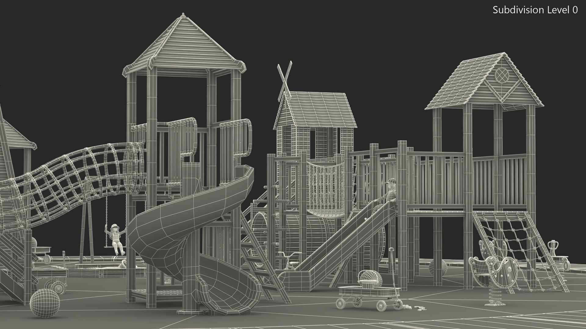 Wooden Playground with Children Playing 3D model